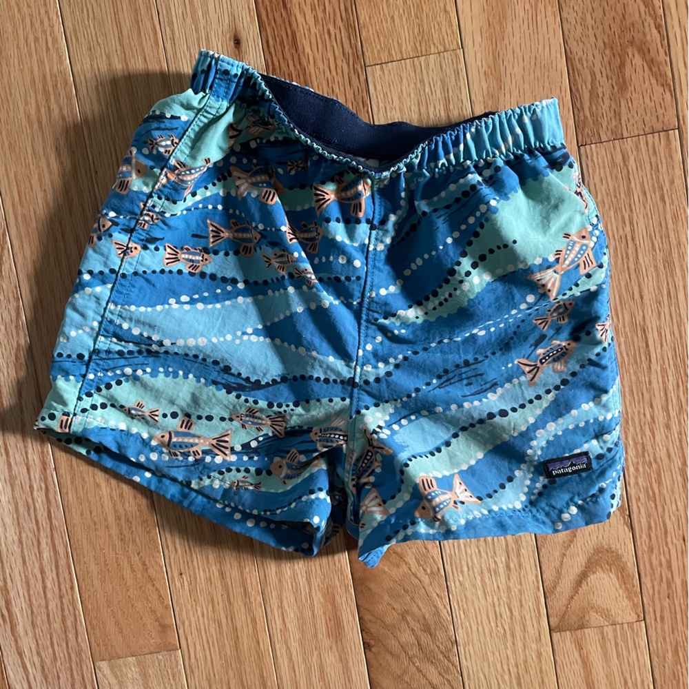 Patagonia Navy and Aqua Fish Print Swim Trunks